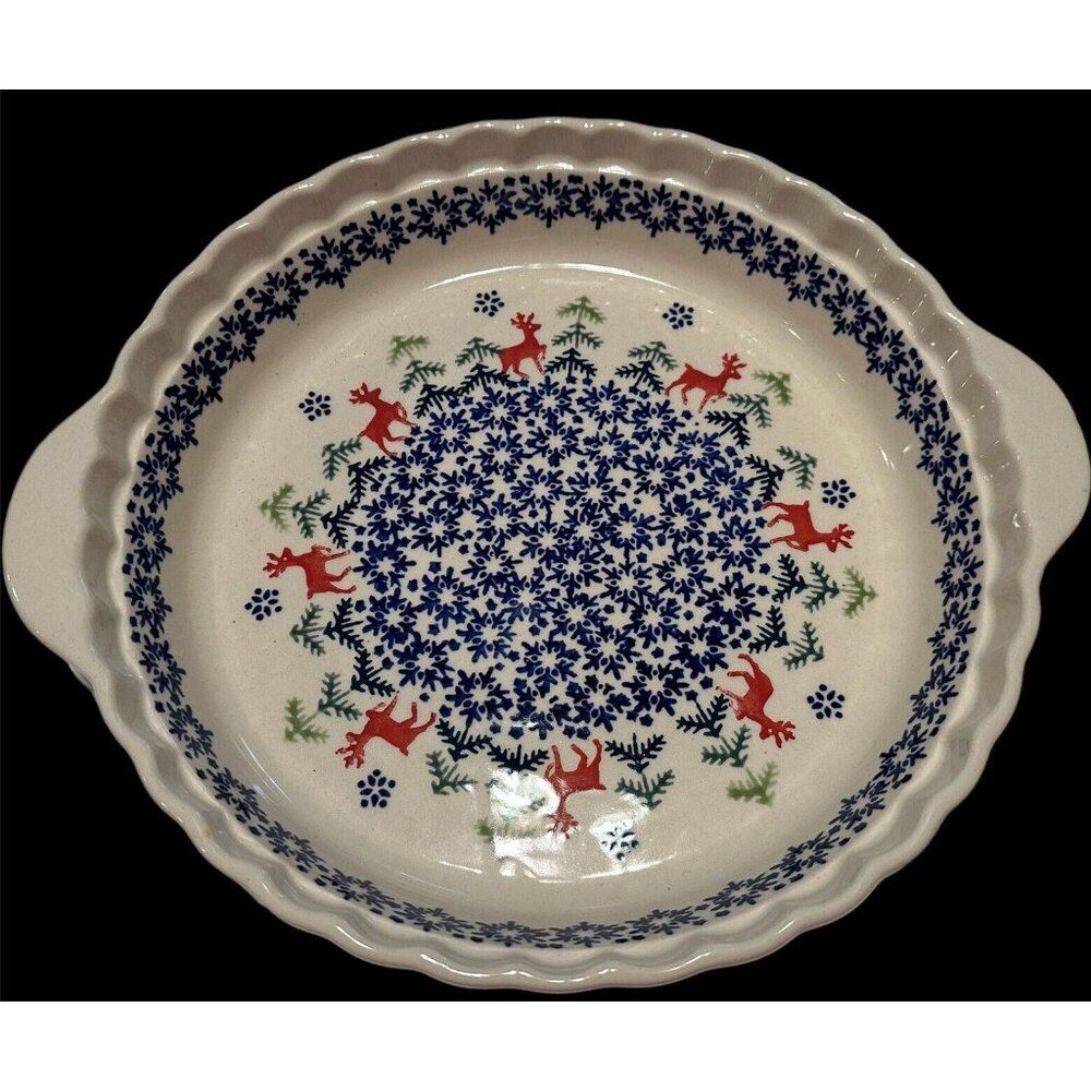 Polish Pottery Christmas Tree Reindeer Scalloped Handled Pie Plate Baking